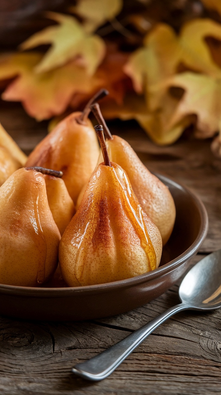 Baked pears with honey and cinnamon on a rustic table, showcasing a warm and inviting dessert.